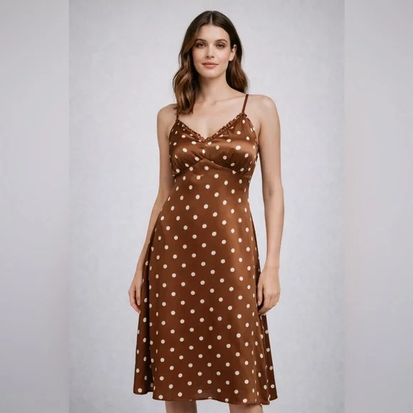 Japna Brown Polka Dot Satin Slip Dress Size M rockabilly - Picture 1 of 6